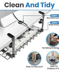 16 Inch Under Desk Cable Management Tray No Drill Cord Organizer With Secure Clamps and cable clips keeping desk tidy