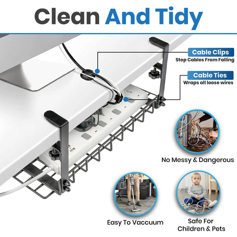16 Inch Under Desk Cable Management Tray No Drill Cord Organizer With Secure Clamps and cable clips keeping desk tidy