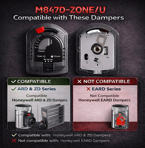 M847D Zone Damper Actuator Motor Replacement for ARD and ZD Dampers, 24V HVAC Damper Motor, Direct Fit for M847D1004 and M847D Zone U, Quiet Startup, Plug and Play Install, No Fuss Performance. Compatible with ARD and ZD dampers, not EARD.