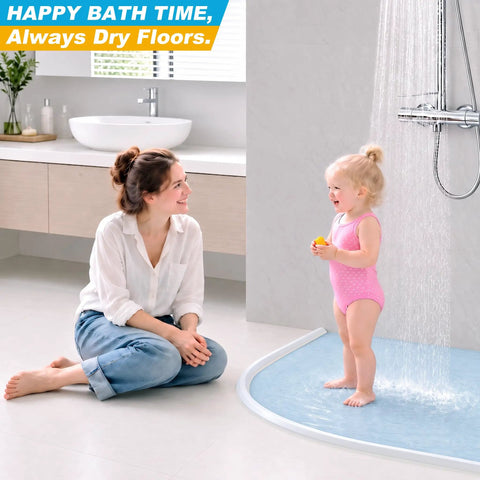 Self Adhesive Silicone Shower Threshold Water Dam Collapsible Flood Barrier For Curbless Walk In Bathrooms Straight Up keeps floors dry during bath time.