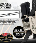 Endless Ratchet Straps No Hooks 1 Inch By 4 Foot Easy Grip Light Duty Built Tough 400 Lb Working Load Limit 1200 Lb Breaking Strength Black 2 Pack For Kayaks Bikes Ladders Furniture Camping Gear displayed with close-up of ratchet mechanism.