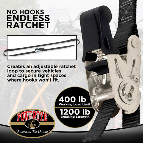 Endless Ratchet Straps No Hooks 1 Inch By 4 Foot Easy Grip Light Duty Built Tough 400 Lb Working Load Limit 1200 Lb Breaking Strength Black 2 Pack For Kayaks Bikes Ladders Furniture Camping Gear displayed with close-up of ratchet mechanism.