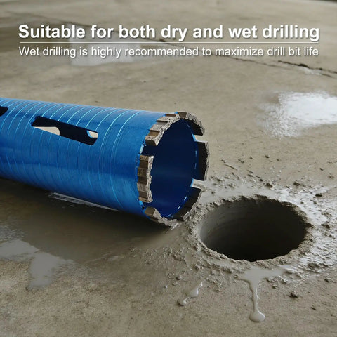 Diamond Core Drill Bit Kit 2-1/2 Inch, 10 Inch Drilling Depth, 5/8-11 Thread in concrete showing wet drilling capacity