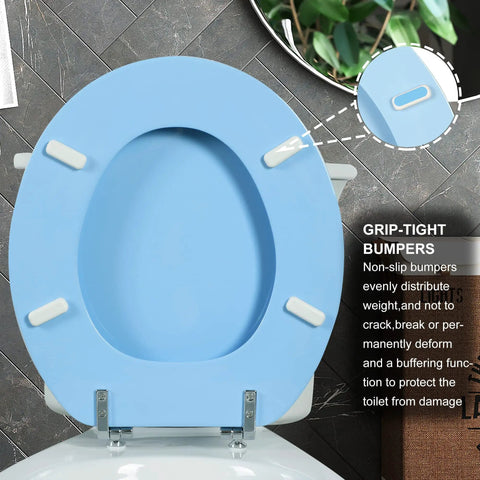 Blue Round Toilet Seat With Zinc Alloy Hinges, No Fuss Easy Install And Clean, Scratch Resistant Natural Wood Finish