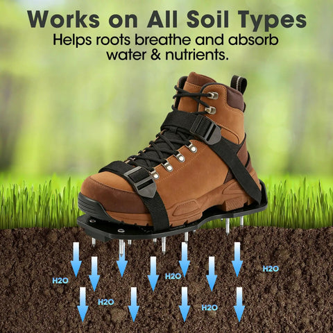Two Pairs Lawn Aerator Shoes With Hook And Loop Straps for easy foot protection and spike action on soil, shown with water flow illustration