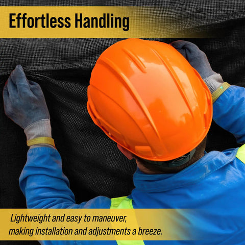 Worker installing Heavy Duty Knitted Mesh Tarp 10x12ft Black Shade With Grommets Built Tough Blocks Sixty Percent Light
