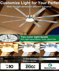 UOJ 84 inch large aluminum ceiling fan with or without lights featuring adjustable colors and dimming options in a spacious setting.