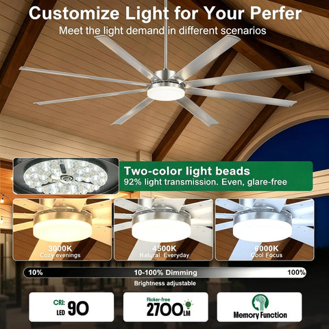 UOJ 84 inch large aluminum ceiling fan with or without lights featuring adjustable colors and dimming options in a spacious setting.