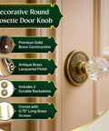 Antique Brass Door Knob Rosette Pair, 2.38 Inch Solid Brass Decorative Escutcheon Plates For Interior Doors shown on door