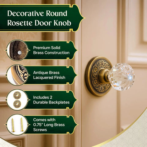 Antique Brass Door Knob Rosette Pair, 2.38 Inch Solid Brass Decorative Escutcheon Plates For Interior Doors shown on door