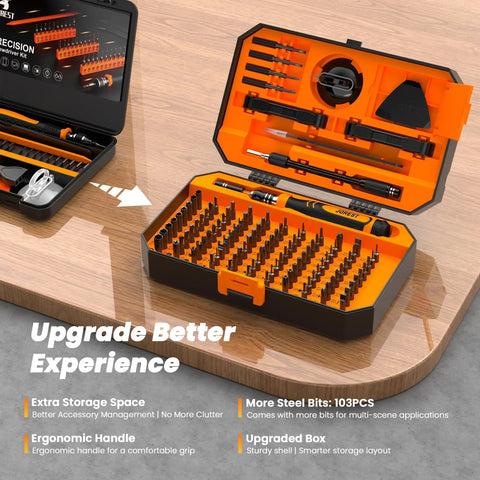 115 In 1 Precision Screwdriver Set With 103 Magnetic Bits for electronics on wooden surface, open case view