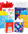 Birthday Gift Bag Set With Handle And Tissue Paper, 12 Pack Assorted Sizes And Designs, vibrant colorful birthday designs