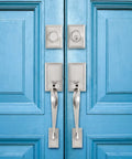 Heavy Duty Front Door Handle Set With Double Door Lock Satin Nickel Finish Includes Dummy Single Cylinder Deadbolt Lever Handle Reversible For Right Or Left Handed Doors