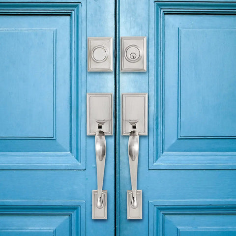 Heavy Duty Front Door Handle Set With Double Door Lock Satin Nickel Finish Includes Dummy Single Cylinder Deadbolt Lever Handle Reversible For Right Or Left Handed Doors
