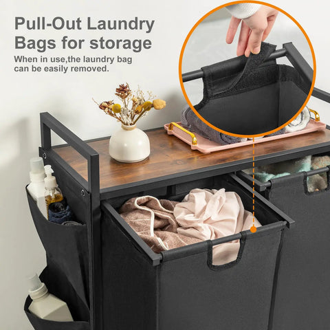 Double Laundry Hamper With Lid And Heavy Duty Wheels Rolling Laundry Basket Organizer With Top Shelf Iron Made Sorter With Two Removable Bags Large Capacity For Home Use Black showing wooden top shelf with accessories and pull-out laundry bags.