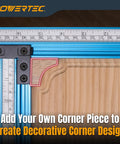 Dead Straight Precision Adjustable Router Jig With Built In Scales shows corner piece attachment for decorative designs.