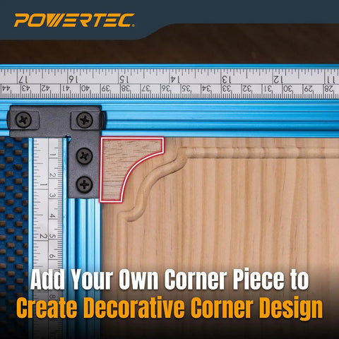 Dead Straight Precision Adjustable Router Jig With Built In Scales shows corner piece attachment for decorative designs.