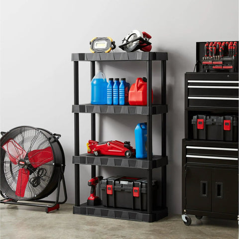 Heavy Duty Four Tier Plastic Storage Shelving Unit In Black, 13.9 Deep By 30 Wide By 56.2 High next to tools and fan in garage