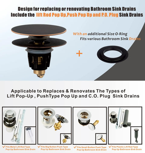 Universal Bathroom Sink Drain Stopper That Fits Most Pop Up Drains For Vessel Sinks shown with parts and installation details.