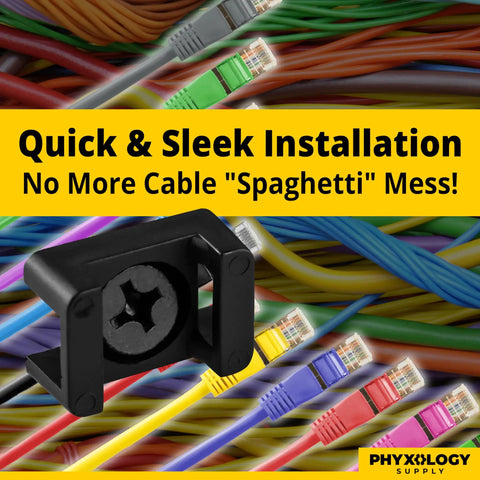 Slim 0.6 Inch Cable Tie Mounts With Screws 100 Pack Black beside rainbow network cables.