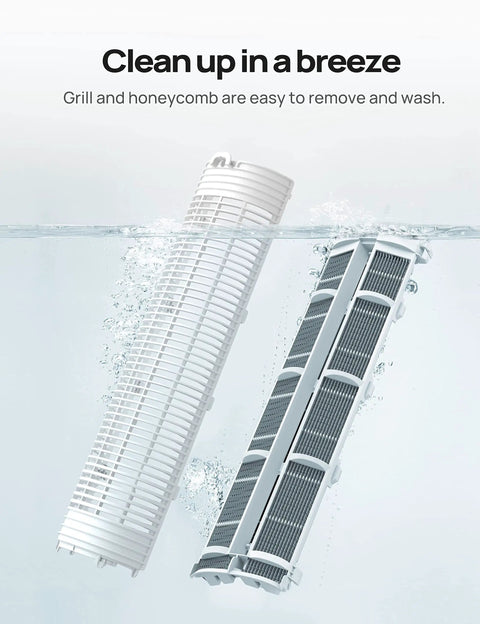 Grill and honeycomb filter of Evaporative Air Cooler 40 Inch Tower Fan With 80 Degree Oscillation submerged in water for cleaning.