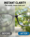 Anti-Fog Lens Wipes for glasses; split view shows foggy left lens and clear right lens.