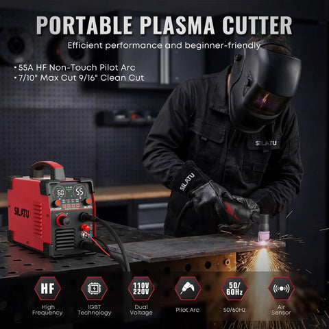 Plasma Cutter STC550P 55 Amp Pilot Arc Dual Voltage 110 And 220V With LED Display Air Sensor in use by operator