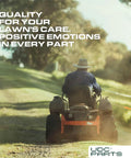 Man mowing lawn with zero-turn mower, emphasizing quality care and emotional satisfaction.