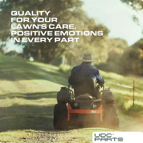 Man mowing lawn with zero-turn mower, emphasizing quality care and emotional satisfaction.