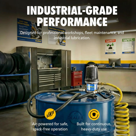 Heavy Duty Pneumatic Oil Pump Transfers 11.9 GPM Fast With Rust Resistant Stainless Steel And Icing Free Air Motor in workshop.