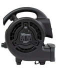 Rear view of black Mini Mighty Centrifugal Air Mover 138 Watt With 600 CFM, showing controls and outputs for drying surfaces.