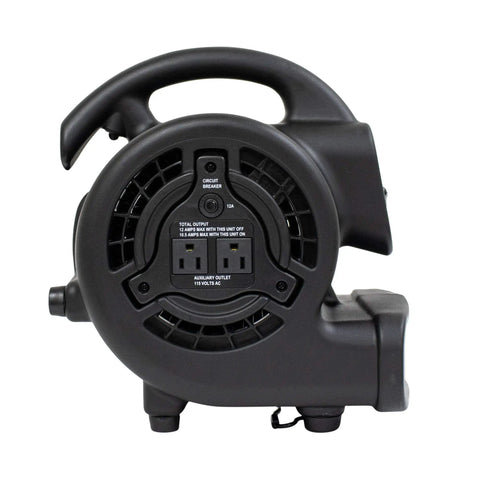 Rear view of black Mini Mighty Centrifugal Air Mover 138 Watt With 600 CFM, showing controls and outputs for drying surfaces.