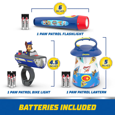 Paw Patrol LED Light Gift Set, Flashlight, Lantern, And Bike Light Bundle For Kids with included batteries