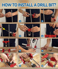Step-by-step installation guide for portable drill guide, showcasing drill bit setup for precision use.