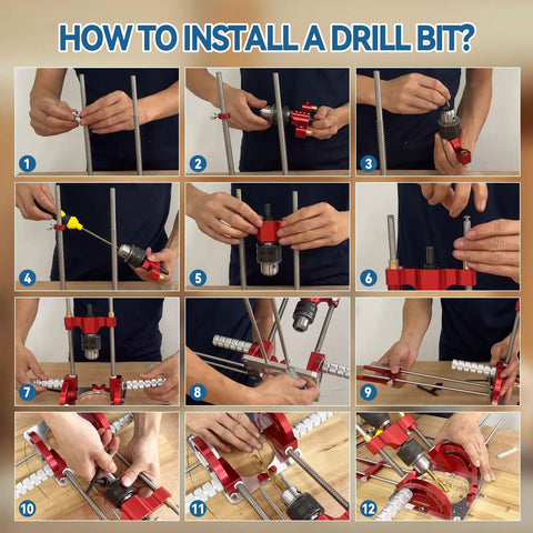 Step-by-step installation guide for portable drill guide, showcasing drill bit setup for precision use.