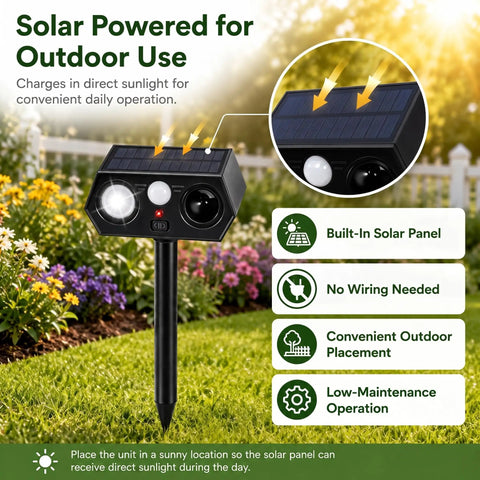 Solar Ultrasonic Critter Repeller With Motion Sensor And LED Flashing Light For Outdoor Yards And Gardens Deterring Deer Cats Dogs Rabbits Squirrels Raccoons And More Two Pack, solar panel close-up