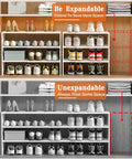 Expandable 3 Tier White Shoe Rack Organizer For Closet And Hallway, Adjustable Length From 16.9 To 28.3 Inches, Stackable Iron And Wood Shelves, Holds 8 To 16 Pairs, Great Space Saver For Small Spaces, Entryway, Garage. Visible: side-by-side comparison of expandable and unexpandable rack in a wooden closet with shoes displayed.