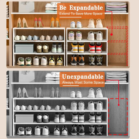 Expandable 3 Tier White Shoe Rack Organizer For Closet And Hallway, Adjustable Length From 16.9 To 28.3 Inches, Stackable Iron And Wood Shelves, Holds 8 To 16 Pairs, Great Space Saver For Small Spaces, Entryway, Garage. Visible: side-by-side comparison of expandable and unexpandable rack in a wooden closet with shoes displayed.