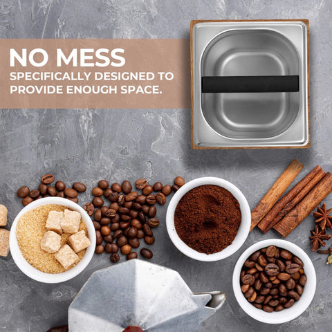 Pro Grade Espresso Knock Box With Large Capacity Non Slip Base Tamp Station And Shock Absorbent Design next to coffee items