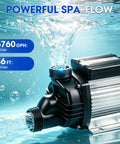 Heavy Duty 1.0 HP Spa Pump With Kickin Jet Pressure And Smooth High Flow Operation For Hot Tubs Whirlpool Baths 110V 60Hz 750W Motor Replacement 1.5 Inch Port, showing powerful water flow.