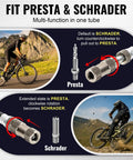 Digital Shock Pump For Mountain Bikes With 300 Psi High Pressure Front Fork And Rear Suspension Air Pump Digital Display Fits Schrader And Presta Valves Ride Ready Tool For Road And Mountain Biking shown in use, featuring Presta and Schrader valve compatibility.