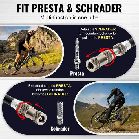 Digital Shock Pump For Mountain Bikes With 300 Psi High Pressure Front Fork And Rear Suspension Air Pump Digital Display Fits Schrader And Presta Valves Ride Ready Tool For Road And Mountain Biking shown in use, featuring Presta and Schrader valve compatibility.
