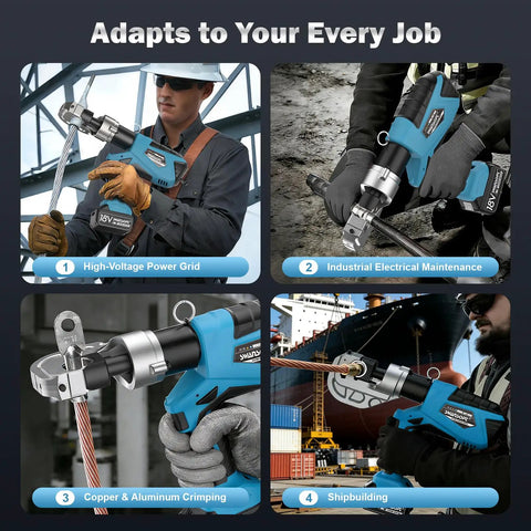 Badass Heavy Duty Electric Hydraulic Crimping Tool With Dual Fast Charge Packs For Quicker Rounds And Consistent Copper Connections Rated For 12 Ton Load in various job settings.
