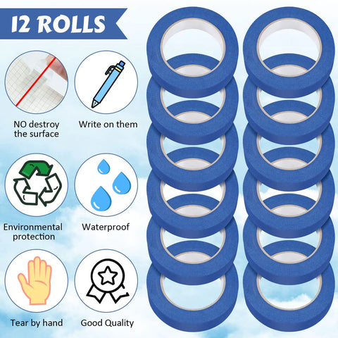 Blue Painter Tape Bulk Pack 12 Rolls 2 Inch Wide 55 Yards Each For Wall Painting And Decorating DIY Friendly Safe Paper Masking Tape