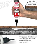 Hand holding Extra Strength Floor Repair Adhesive For Loose Or Hollow Tiles Squeaky Wood And Laminate with syringe tip.