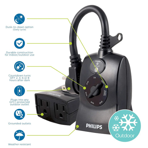 Outdoor Light Sensing Plug In Mechanical Timer With Dual Polarized Outlets For Yard And Patio Lighting Rock Solid Dawn To Dusk Control with timer settings.