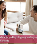 Couple using clear packing tape for shipping, packing, moving and storage, 2 inch wide, 60 yards, 1.9 mil thick, no smell, smooth unrolling, heavy duty yet easy to use at home, office, shop, or school.