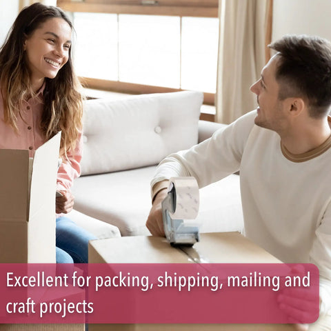 Couple using clear packing tape for shipping, packing, moving and storage, 2 inch wide, 60 yards, 1.9 mil thick, no smell, smooth unrolling, heavy duty yet easy to use at home, office, shop, or school.