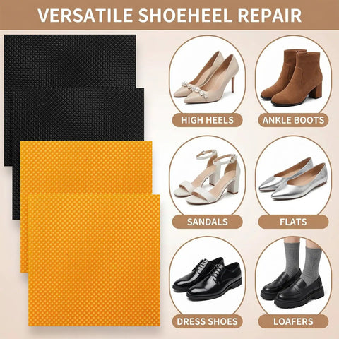 4 Pack Boot Heel Patches And Sole Repair Caps Non Slip Rubber Heel Caps For Boots And High Heels Square Soles Tread Pads 2.44 X 2.44 Inches Black Nude Grip And Stability Boost shown with various shoe types.