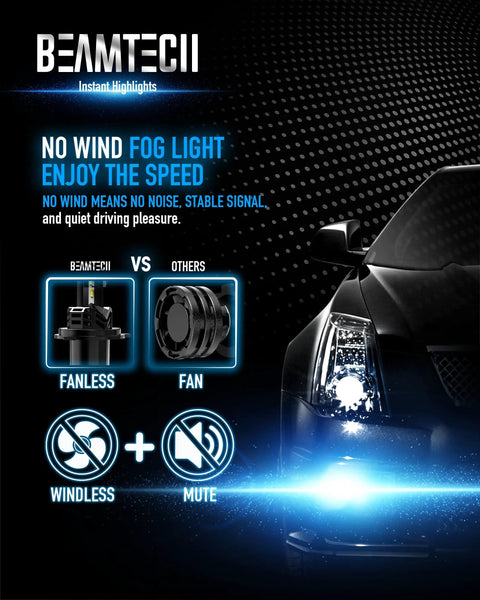 Image showcasing BeamTech fanless H4 9003 fog light design emphasizing zero noise and stable signal for safer night drives.